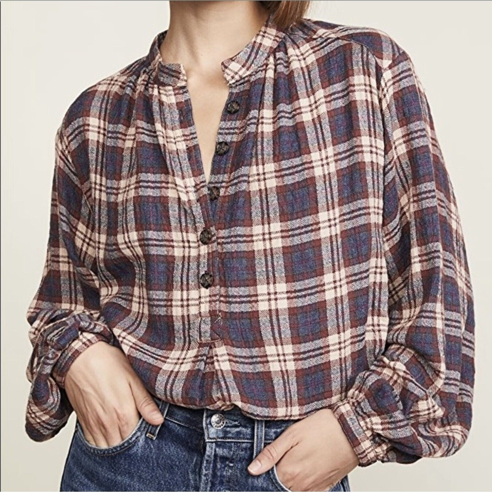 Free People Sz XS Button Front Shirt Northern Bound Plaid Flannel Onyx Oversized - Picture 2 of 11